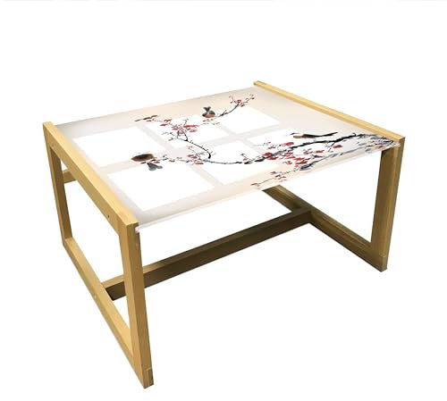 ABAKUHAUS Natur Couchtisch, Vögel auf Kirschbaum, Acrylglas-Mitteltisch mit Holzrahmen für Büros Wohnheime, Mittel Größe, Pale Grau Rosa