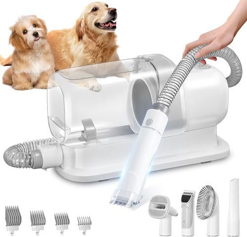 LMVVC Kit de toilettage pour chien avec aspiration sous vide de 2,3 L, 99 % poils d'animaux, faible bruit, tondeuse pour chien avec 5 outils et 4 longueurs différentes pour chien et chat (blanc)