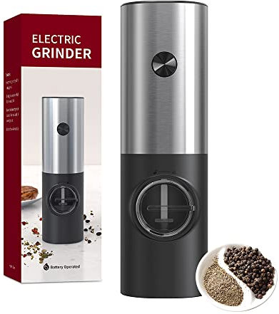 Electric Salt and Pepper Grinder Mill, Stainless Steel Seasoning Bottle with Ceramic Grind Rotor and LED Lighting, Adjustable Coarseness and Refillable Spices, for Barbecue Cooking (Dry Battery Type)