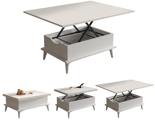 BERA DESIGN White Extendable Lift Top Coffee Table & Dining Table 6 IN 1 Convertible Multifunctional Design Up to 6 Person
