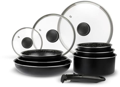 Sitram 713499 Batterie de Cuisine Aluminium 10 Pièces : 3 Poêles Ø20,24,28 cm + 3 Casseroles Ø16,18,20 cm + 3 Couvercles Verre Ø16,20,24 cm + manche amovible, Tous feux dont induction