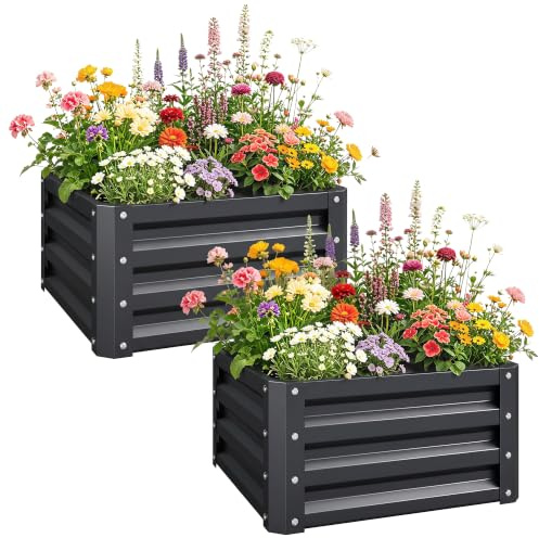 Outsunny Set of 2 Raised Garden Bed, 60 x 60 x 30.5 cm, Grey | Outdoor Planter Box, Galvanised Steel Frame, for Growing Vegetables, Flowers and Herbs