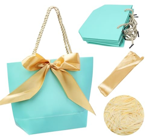 TGFIX 10 Stück Geschenktüten Türkis zur Taufe Papiertüten für Taufe Geschenktaschen mit 10 Bändern und 100g Raffia Geschenk Tüten für Taufe Kindergeburtstag Geburtstag Hochzeit Feier Party