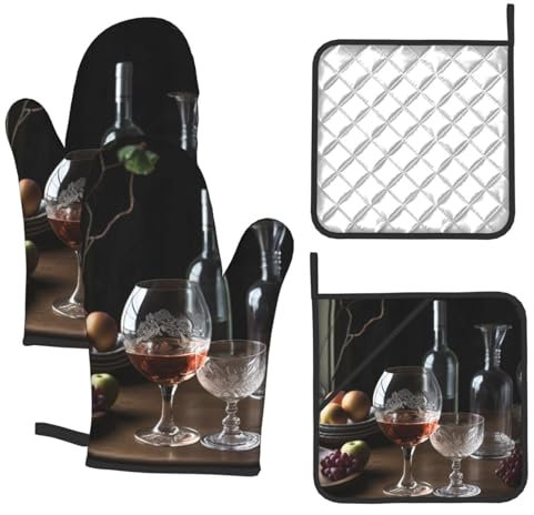 Oven Mitts and Pot Holders 4 pcs Set Oven Mitt Heat Resistant Oven Glove Wine Glasses Oven Mitt for Cooking Non-Slip Oven Gloves Kitchen Oven Mittens for Microwave Baking BBQ