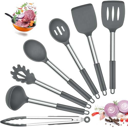 Joyfair 7 Pcs Silicone Kitchen Utensils None Scratch Cooking Tools - Grey | Non-Stick, Non-Toxic, Stainless Steel Core, Sturdy Enough, Heat Resistant, Multi-Purpose Use, Hanging Hole, Dishwasher Safe