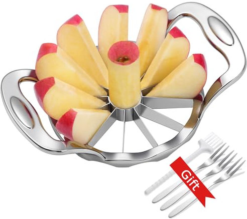 Apple Slicer, AMOHEE 12 Slice Heavy Duty Stainless Steel Apple Slicer and Corer with 3 Forks and a Cleaning Brush