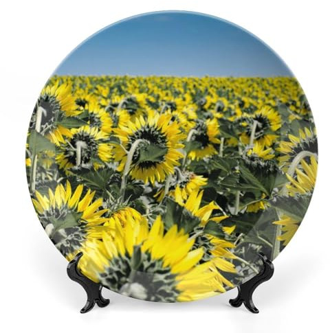 Generic 10 Ceramic Decorative Plates Sunflower Flowers Field Home Wobble-Plate with Display Stand Wall Hanging Plate Dessert Plates Kitchen Office Decor Wall Art Ornament