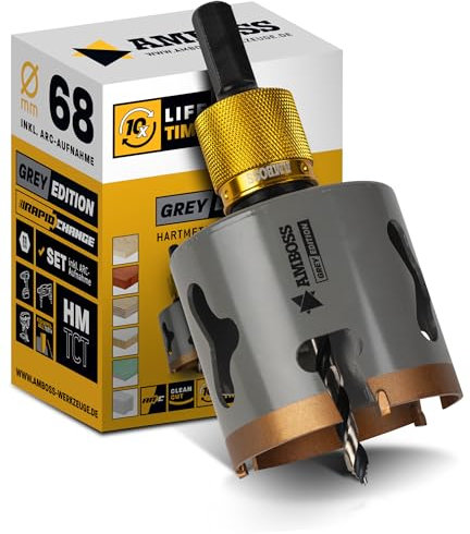 68 mm HM Lochsäge Grey Edition - für Holz, Fliesen, Faserzement, Gips, Porenbeton, Kunststoffe - Lochbohrer/Lochkreissäge/Lochfräser - Schnitttiefe 58 mm - inkl. Schnellwechselaufnahme Amboss ARC