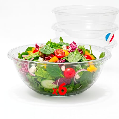 Table'Colors Lot de 6 Saladiers Réutilisables 2,25 L - Fabriquée en France - Plastique transparent - Idéal pour Salades, Taboulé, Pâtes - Résistant et Épais - Qualité supérieure