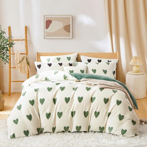 Covebett Flanelle Housse de Couette 200x200 Cœur Vert Blanc Amour Hiver Chaude Parure de lit Polaire Peluche Réversible Linge de Lit Adulte 2 Personnes Fermeture Éclair + 2 Taie d'oreiller 65x65cm