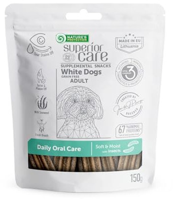 Nature's Protection Superior Care White Dogs Getreidefrei Zahnpflege Leckerlis mit Insekten für Erwachsene Hunde Aller Rassen 150g