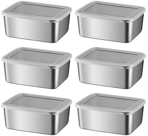 Cretvestsar Lot de 6 récipients alimentaires en acier inoxydable avec couvercles, 400 ml, boîte à salade, stockage de fromage argenté pour réfrigérateur, préparation des repas, congélateur, récipient