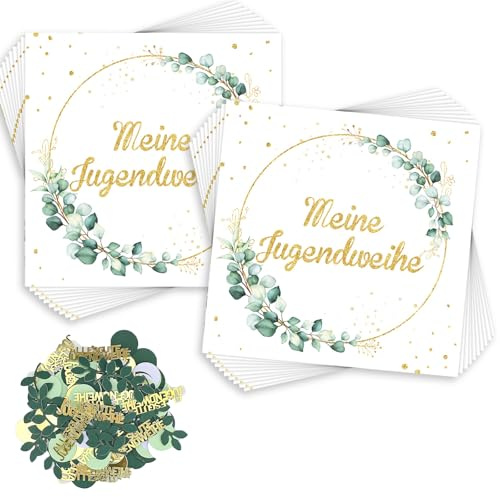40 Servietten Meine Jugendweihe,100 Alles Gute zur Jugendweihe Deko Konfetti Streudeko Tischdeko,Eukalyptus Grün Gold Servietten Papierserviette Deko 33x33cm
