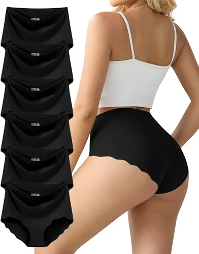 TDONE Biancheria intima senza cuciture da donna, a vita media alta, controllo della pancia, slip da donna, copertura completa, mutandine bikini invisibili confezione da 6, 6 nere, X-Large