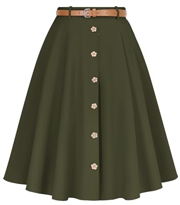 WedTrend Women's Vintage Skirts A-Line Midi Skirt Button Work Flowy Skirts Pleated Skirt with Belt&Pockets
