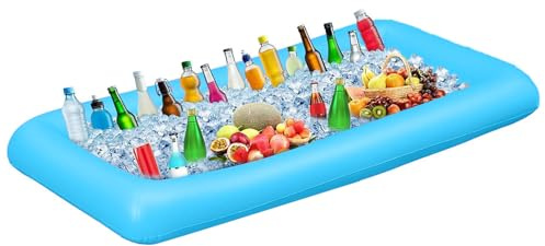 Aufblasbare Buffet Eiswürfelschale Bar für Poolpartys - Pool-Partyzubehör, Buffet, Salat, Essen und Getränke, Tablett für Party, Picknick und Camping - 130 x 60 x 12 cm,Eisenhaltig (Blau)