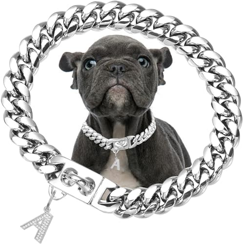15mm breites silbernes Hundehalsband mit Anhänger,Edelstahl-Walking-Metallkette mit kubanischen Gliedern,Starke,kausichere Halsbänder für kleine bis mittelgroße Hunde(45cm)