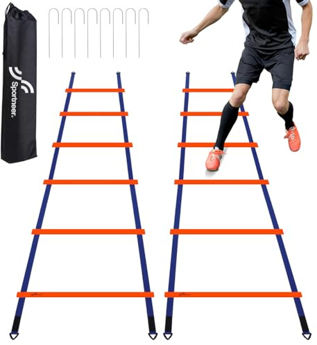 Sportneer Koordinationsleiter Set: Verstellbare Koordinationsleiter für Fussballtraining, Fußball Trainingszubehör mit Bodenanker & Tragetasche, fußball trainingsset für Kinder, Geschenk (Orange)