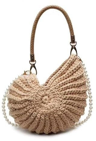 HiTotes snäckskal väska skal handväska för kvinnor sommar strand crossbody väska snäckskal kuvertaxel handväska med pärlrem, Khaki, 27cm