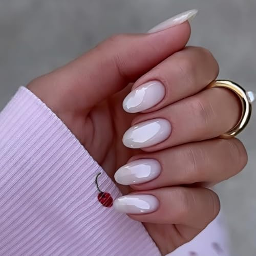 KQueenest Chrome White Press on Nails Short Oval, Glazed Glitter Short False Nails, Almond Fake Nails Press ons, Bling Mirror Effect, Gel Stick on Nail for Women Wedding 24 Pcs