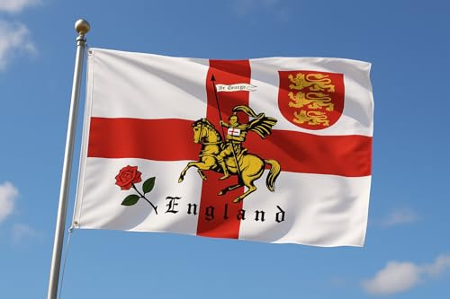 St George Charger Flag, England 3 x 5ft with English Rose and 3 Lions Brass Eyelets, Patriotic Flag for Indoor/Outdoor Display Seasonal