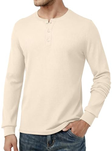 AIYINO Mens Long Sleeve Shirt Waffle Texture Basic Layering T-Shirt Apricot L