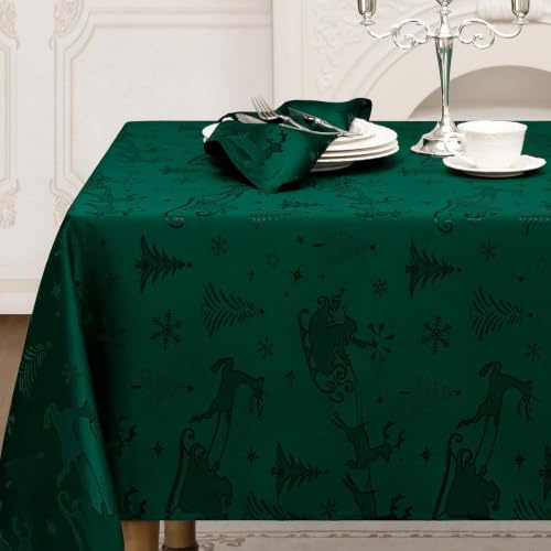 Romanstile Tischdecke Weihnachten 140x240 Grün abwaschbar & wasserabweisend Jacquard Rentier & Weihnachtsbaum,rechteckig Tischtuch Table Cloth Tischdecken für Ferien,Weihnachtsdeko,Christmas,Fest,Xmas