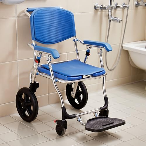Dusch-Toilettenrollstuhl Klappbar | Duschstuhl mit Rollen Fahrbarer WC Stuhl mit Abnehmbarer Eimer | Weiche Sitzfläche für Ältere und Kranke, 120kg Tragfähigkeit (Big Blue)