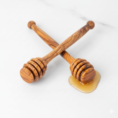 Cuillère à Miel en Bois d'Olivier, 15 cm, Fait à la Main, Style Traditionnel Rustique, Lot de 2