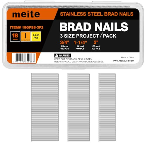 meite Chiodi in acciaio inox calibro 18, 3 misure assortite (3/4, 1-1/4, 5,1 cm), chiodi con finitura per pneumatici, elettrici 18GA, chiodatrici per chiodatrici per chiodatrici per chiodatrici