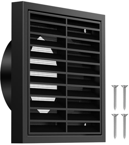 Hon&Guan 100mm Black Louvred Wall Vent Grille 4 Inch External Air Vent Cover with Flyscreen for Tumble Dryer, Extractor Fan, Garage, Bathroom, Kitchen, Exterior Walls, Attic