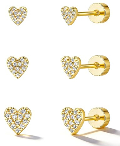 HANLI 3 Paar Herz Ohrstecker 14K Gold Vergoldet mit Cubic Zirkonia Ohrringe Damen CZ flacher Rückseite Hypoallergen Minimalistisch Schmuck Geschenke