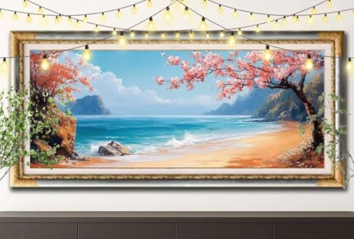 Pintura Diamante 5D DIY Cereza Flores,Kit Completo Diamond Painting Mar,Bordado Cuadros de Diamantes Kit para Decorativo el Hogar,Dibujos con Diamantes Regalo para Adultos y Niños 30x90cm 61F-7188