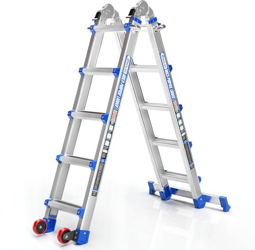 Wolec Telescoping A-Frame Ladder with Wheels & Stabilizer Bar - 17FT Folding Extension Ladder, 330lb Security Load Multi Position Ladders for Stairs Home Indoor Outdoor Roof
