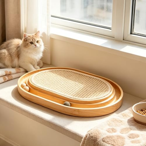 Scratching Board - 2-IN-1 Cat Toy, Solid Pine Wood & Natural Sisal Pad & Catnip Balls - 48x33x3cm Scratching Mat for All Cats to Play and Relax