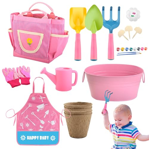 Attrezzi da Giardinaggio per Bambini | Vaso Rastrello Pala Grembiule Guanti,Guanti Pala Rastrello Kit Gioco Giardinaggio - per Ragazzi Ragazze Bambini Regalo Compleanno Giardino Prato