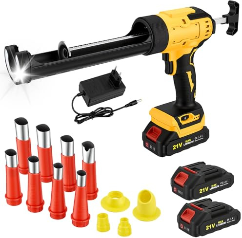 Cordless Caulking Gun with 2 x 2.0Ah Batteries, Upgraded Electric Silicone Sealant Gun with 6 Adjustable Speeds, LED Light, Anti-Drip, LCD Display, Caulking Nozzle Set for Sealing, Filling, Leak Proof
