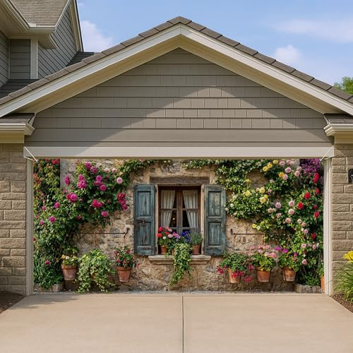 Garagentorabdeckung mit Blumenmuster, Vintage-Bauernhaus-Stil mit bunten Blumen, Gartendekoration für Frühling und Sommer, Veranstaltungen im Freien, 395 x 180 cm