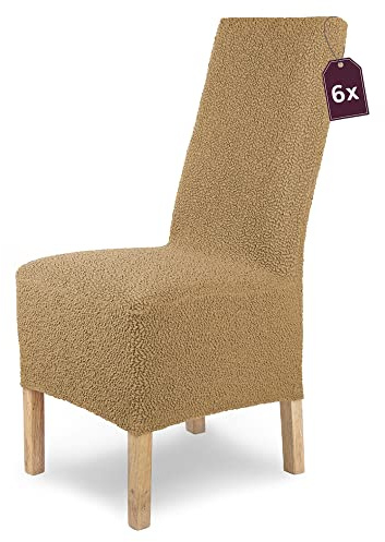 SCHEFFLER-Home Stuhlhussen Stretch Jacquard Lea/Stuhlhussen Beige als Stuhlüberzug 6er Set/Stuhlhussen Schwingstühle/Stuhl Bezug waschbar mit Gummiband/Eleganter Stuhl Überzieher