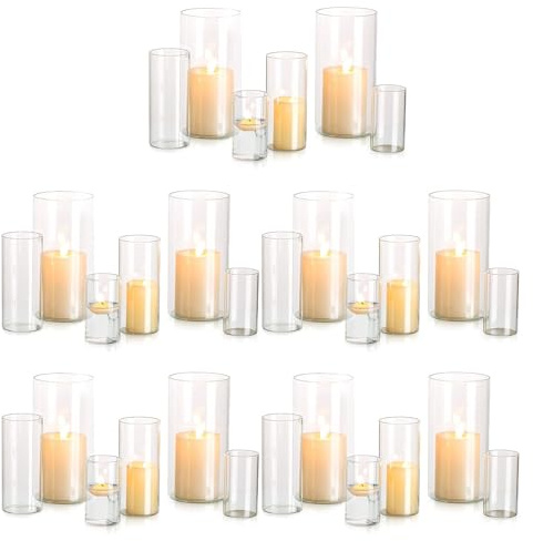 Glasseam Ljushållare Glass Set Candle Cylinder: Moderna vindljus för stumpning av cerpes TEALIGHT PAMPAS GRASS VASES bröllopbord Dekoration Glas Vas Cylinder Dekorativ vardagsrum Matbord (S+M+L, 10 uppsättningar)
