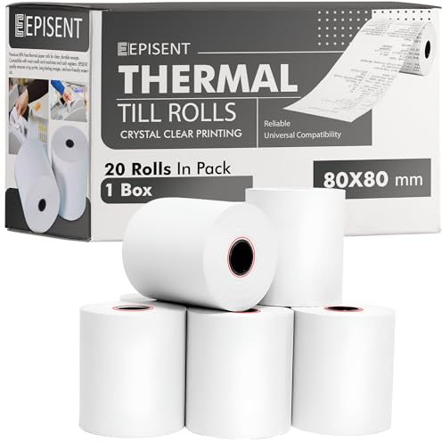 EPISENT 80 mm x 80 mm Thermal Till Rolls Box of 20, BPA Free Receipt Paper Rolls for EPOS POS Systems Card Machines and Cash Registers
