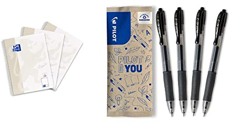 Oxford Touch Collegeblock A4 punktkariert/dotted, 80 Blatt, lichtgrau, 3 Stück & PILOT G2-7, Gelschreiber, 4er Set (Schwarz)
