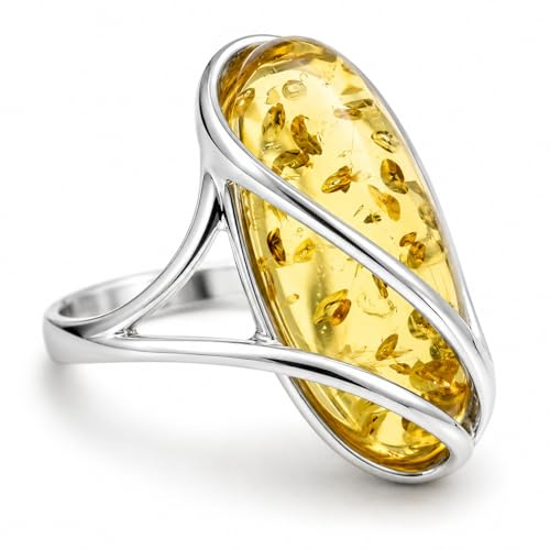 Anello regolabile in vera ambra baltica e argento Sterling 925, design moderno, GL423, Regolabile, Argento sterling