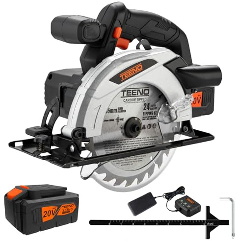 Cordless Circular Saw with 4.0Ah Lithium-Ion Battery TEENO,4000RPM Electric Circular Saw with Electric Brake,Adjustable Cutting Depth and Angle,Max38mm (45°),54mm (90°) (Two Batteries)