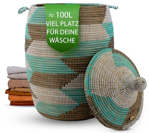 YAADU Wäschekorb mit Deckel 100L – Großer Wäschesammler mit Deckel, Geflochtene Wäschetonne, Boho Wäschekorb mit Henkeln, Wäschebehälter für Schmutzwäsche, Modell Meroe (Türkis-Traditionell)