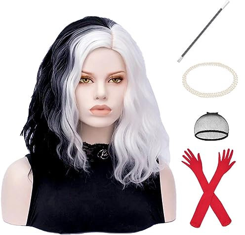 Aomig Perruque noire et blanche – Perruque mi-longue, bouclée, ondulée, moitié noire, moitié blanche pour femme, cosplay, carnaval, fête costumée, avec filet, gants rouges, bâton de costume, collier