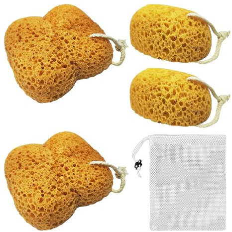 Confezione da 4 spugne in schiuma con sacchetto a rete a cordoncino, esfoliante, bagno, scrub corpo, doccia, articoli da toeletta (colore pelle, caffè)