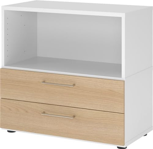 bümö Flexi Aktenschrank klein mit 2 Schubladen & 1 Regalfach in Weiß/Eiche, Büroschrank mit werkzeuglosem Schnellmontage-Klicksysten in modularer Bauweise