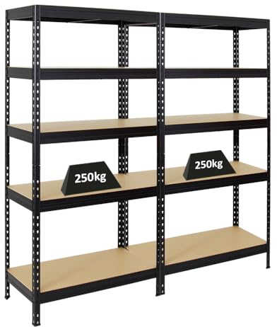 PROREGAL Mega Deal 2X Étagère Charge Lourde Rivet | HxLxP 180x90x45cm | 250kg par Niveau | Noir | Lot d'étagères Robustes de Garage, Atelier, Cave, sous-Sol, Stockage, Rangement, Rayonnage