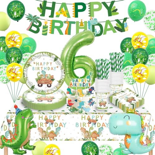 Dino Geburtstag Deko 6 Jahre, Dinosaurier Partygeschirr Set, Geburtstagsdeko 6 Jahre Junge, Dinosaurier Luftballons Pappteller Tassen Servietten Tischdecke für Party Kindergeburtstag Deko 16 Gäste